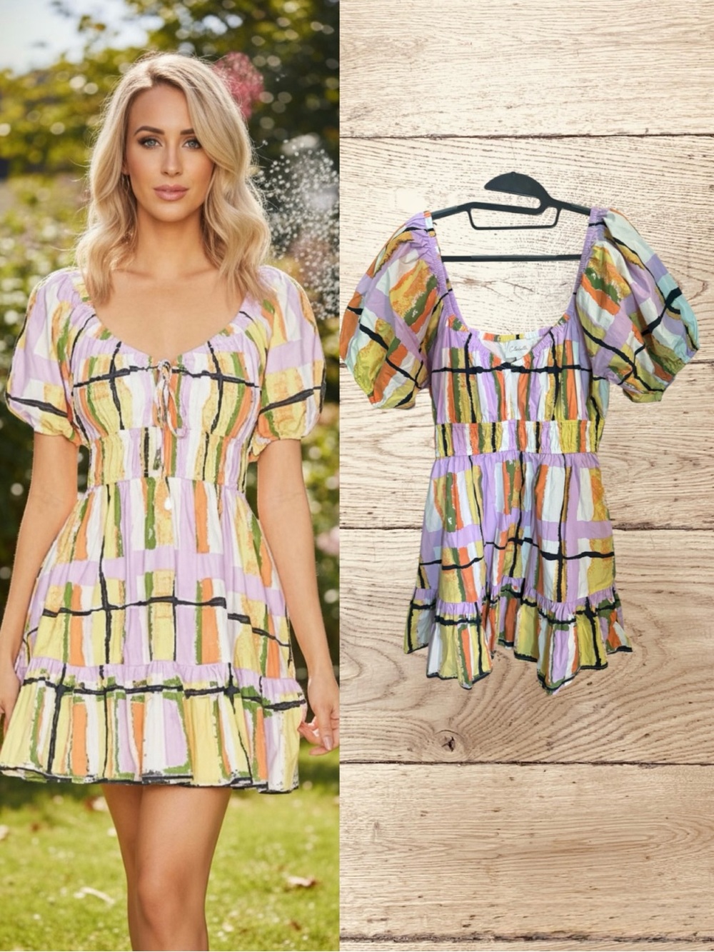 Cleobella Iona Mini Dress Saffron Hale Boho Plaid Puff Sleeve Size XL